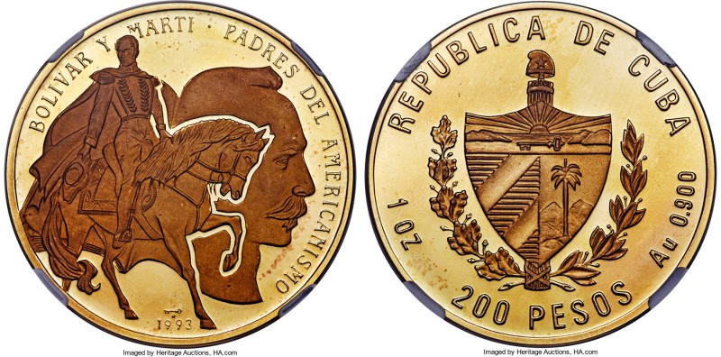 Republic gold Proof Piefort 200 Pesos (1 oz) 1993 PR68 Ultra Cameo NGC, Havana m...