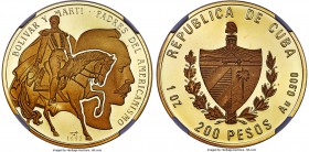Republic gold Proof 200 Pesos (1 oz) 1993 PR68 Ultra Cameo NGC, Havana mint, KM542. Mintage: 100. A beautiful commemorative issue with reflective fiel...