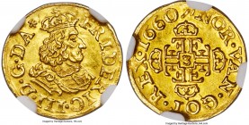 Frederik III gold 1/4 Ducat 1660-(h) MS63 NGC, Copenhagen mint, KM235, Fr-103, Hede-19A. A bold survivor of this two-year issue that shows the portrai...