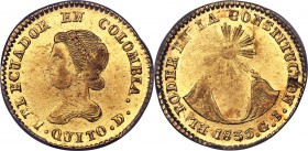 Republic gold 2 Escudos 1835-GJ AU58 PCGS, Quito mint, KM16. Pale yellow, with some weakness of strike in localized areas counterbalanced by lustrous,...