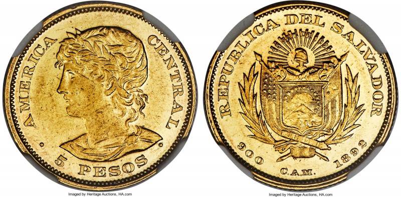 Republic gold 5 Pesos 1892-C.A.M. AU58 NGC, San Salvador mint, KM117. From a min...
