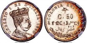Italian Colony. Umberto I Proof 50 Centesimi 1890-M PR67 NGC, Milan mint, KM1. Likely among the finest survivors of the type, this tiny yet eye-appeal...