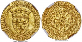 Charles VI (1380-1422) gold Ecu d'Or à la Couronne ND MS64 NGC, Fr-291, Dup-369 (type). + KAROLVS : DЄI : GRACIA : FRAnCORVM : RЄX, crowned arms of Fr...