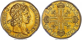 Louis XIII gold 2 Louis d'Or 1640-A AU58 NGC, Paris mint, KM108, Fr-409. Only the lightest wear is evident to the high points of this large gold doubl...