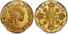 Louis XIV gold Louis d'Or a la meche longue 1649-H MS65 NGC, La Rochelle mint, KM157.9, Fr-418, Gad-245. "Fine curl" subtype. Bright golden mint luste...