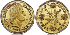 Louis XIV gold Louis d'Or 1702-P MS60 NGC, Dijon mint, KM334.16, Gad-253. A pleasant Mint State specimen, highly lustrous without much of the undertyp...