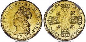 Louis XV gold 2 Louis d'Or 1717-A AU55 NGC, Paris mint, KM430.1, Fr-451, Dup-1631. A lustrous and enticing example of this popular denomination (erron...