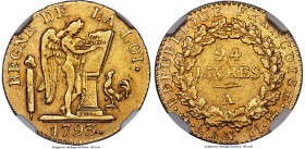 Republic gold 24 Livres 1793-A AU53 NGC, Paris mint, KM626.1. A scarce gold issue from the First Republic. Evenly worn in line with the technical grad...