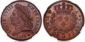 Louis XVIII bronze Proof Essai 5 Francs 1815-A PR65 Brown NGC, Paris mint, KM-Pn23 var (bronze), Maz-732a. A very scarce pattern specimen exhibiting g...