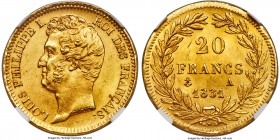 Louis Philippe gold 20 Francs 1831-A MS65 NGC, Paris mint, KM746.1. Raised Lettered Edge. A well-struck offering with satiny luster and deep golden fi...