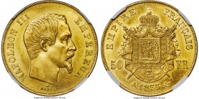 Napoleon III gold 50 Francs 1855-A MS65 NGC, Paris mint, KM785.1, Fr-569. Barre's fine engraving of Napoleon III has been done due credit through a de...
