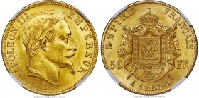 Napoleon III gold 50 Francs 1866-A MS63 NGC, Paris mint, KM804.1. Aglow with icy yellow-white luster, a bright and pleasing specimen. Minor contact ma...
