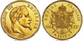 Napoleon III gold 100 Francs 1863-BB MS61 NGC, Strasbourg mint, KM802.2, Gad-1136. Mintage: 5,078. Fully struck, with accordingly strong relief and de...