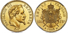 Napoleon III gold 100 Francs 1865-A AU58 NGC, Paris mint, KM802.1. A far rarer year for this coveted large gold denomination, and in a lofty near-Mint...