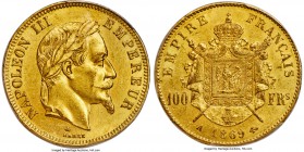 Napoleon III gold 100 Francs 1869-A MS62 PCGS, Paris mint, KM802.1, Gad-1136. Mintage: 29,000. A satiny near-choice example of this highly collectible...