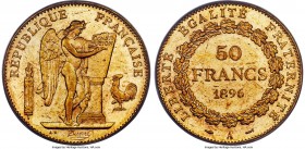 Republic gold 50 Francs 1896-A MS62 PCGS, Paris mint, KM831, Fr-591. A scarcer date in this series, from a mintage of just 800 pieces. Simply glowing ...