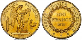 Republic gold 100 Francs 1879-A MS64+ NGC, Paris mint, KM832. Far nicer than is usually encountered, practically at gem level grade; the planchet of r...