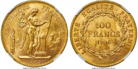 Republic gold 100 Francs 1906-A MS63+ NGC, Paris mint, KM832. Bearing scattered bagmarks and yet choice for the grade, a copper-gold specimen with ful...
