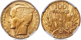 Republic gold 100 Francs 1935 MS65 NGC, Paris mint, KM880. Designed by Bazor, an appealing Art Deco issue featuring the winged head of the Republic. C...