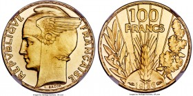 Republic gold Proof 100 Francs 1936 PR61 NGC, Paris mint, KM880. Decidedly scarce in proof format, this type features the popular Art Deco inspired mo...