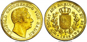 Baden. Leopold I gold Ducat 1848 MS63+ PCGS, KM223.1. With inverted '1' in date. A popular type and choice for the grade, the portrait of Leopold some...
