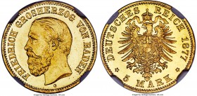 Baden. Friedrich I gold Proof 5 Mark 1877-G PR64 Cameo NGC, Stuttgart mint, KM266. A flashy example of this scarce issue, with a jewel-like appearance...