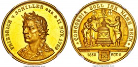 Hamburg. Free City gold "Schiller" Medal 1859 MS61 NGC, Gaed-2104. 34.65gm. By F. Staudigel and C. Schnitzspahn. Struck to commemorate the 100th birth...