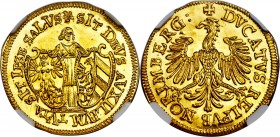 Nurnberg. Free City gold Ducat 1635 MS62 NGC, KM135, Fr-1826. Date in chronogram. An enigmatic piece, sharply struck and perfectly centered on a good ...