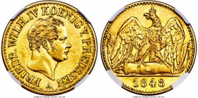 Prussia. Friedrich Wilhelm IV gold 2 Frederick d'Or 1848-A AU55 NGC, Berlin mint, KM443. An outstanding example of trade coinage featuring the young b...