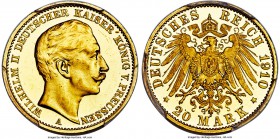 Prussia. Wilhelm II gold Proof 20 Mark 1910-A PR64 Deep Cameo PCGS, Berlin mint, KM521. With beautiful cameo contrast observed between the frosted ill...