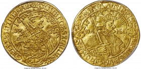 Saxony. Johann Georg I gold 2 Ducat 1630 MS63 PCGS, KM421, Fr-2701. 6.88gm. CONFESS LUTHER: AUG: EXHIBITÆ SECULUM, Johann Georg, facing right, dressed...