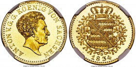 Saxony. Anton gold Ducat 1834-G MS65 Prooflike NGC, Dresden mint, KM1125, Fr-2894, J-167. Struck on a lemon-gold planchet, this supremely reflective o...