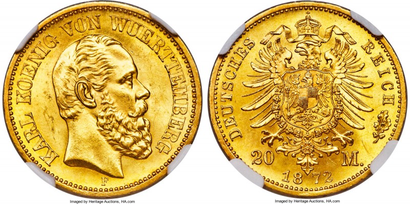 Württemberg. Karl I gold 20 Mark 1872-F MS65 NGC, Stuttgart mint, KM622. The fir...