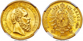 Württemberg. Karl I gold 20 Mark 1872-F MS65 NGC, Stuttgart mint, KM622. The first year from this short-lived series, with impressive apricot-gold col...