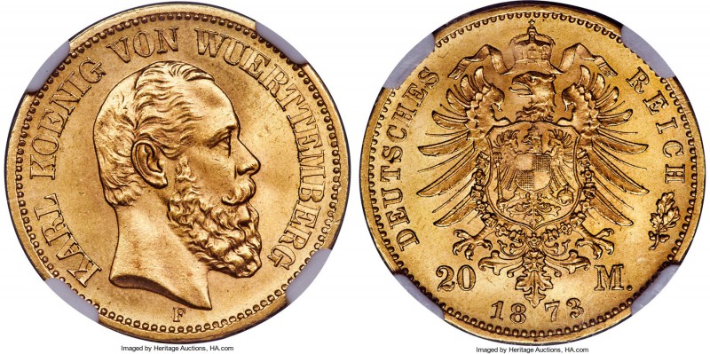 Württemberg. Karl I gold 20 Mark 1873-F MS66 NGC, Stuttgart mint, KM622. An elit...