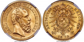 Württemberg. Karl I gold 20 Mark 1873-F MS66 NGC, Stuttgart mint, KM622. An elite example with soft satiny luster virtually unbroken by handling. Curr...