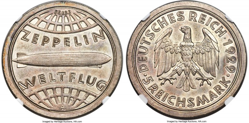 Weimar Republic Pattern "Zeppelin" 5 Mark 1929-A MS62 NGC, Berlin mint, Schaaf-3...