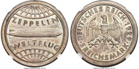 Weimar Republic Pattern "Zeppelin" 5 Mark 1929-A MS62 NGC, Berlin mint, Schaaf-343/G3. A rare pattern issue with the word "Probe" located in the upper...