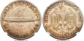 Weimar Republic Trial Pattern "Zeppelin" 5 Mark 1930-A MS65 NGC, Berlin mint, KM-Pn346, Schaaf-343/G5. An uncirculated trial issue, marked by the word...