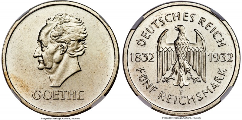 Weimar Republic 5 Reichsmark 1932-F MS62 NGC, Stuttgart mint, KM77. Commemoratin...