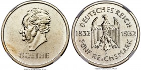 Weimar Republic 5 Reichsmark 1932-F MS62 NGC, Stuttgart mint, KM77. Commemorating the 100th anniversary of Goethe's death, this lustrous and pleasing ...