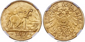 German Colony. Wilhelm II gold 15 Rupien 1916-T MS61 NGC, Tabora mint, KM16.1. Arabesque below the T variety. Mintage: 9,803. Tabora emergency coinage...