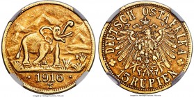 German Colony. Wilhelm II gold 15 Rupien 1916-T AU55 NGC, Tabora mint, KM16.2, Fr-1. Arabesque below the "A" of OSTAFRIKA variety. Only lightly worn t...