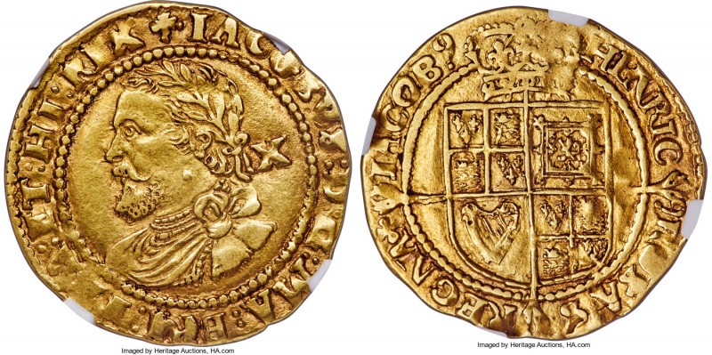 James I gold 1/2 Laurel ND (1624) AU55 NGC, Tower mint, Trefoil mm, 4.43gm, S-26...