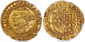 James I gold 1/2 Laurel ND (1624) AU55 NGC, Tower mint, Trefoil mm, 4.43gm, S-2641A, N-2117. Fourth laureate bust of James I left, value behind head i...