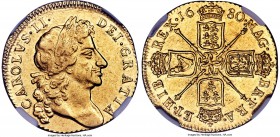 Charles II gold Guinea 1680 AU58 NGC, KM440.1, S-3344. A remarkably fresh example of this softly-struck issue. Though it exhibits the ever-present wea...