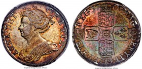 Anne 1/2 Crown 1707 MS62 PCGS, KM525.2, S-3604. Phenomenally toned, the planchet seemingly bursts with color. Sunset hues dominate the obverse, while ...