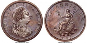 George III Proof Pattern Restrike 2 Pence 1805-SOHO PR64 Brown NGC, Peck-1313. By W. J. Taylor. Sleek and appealing, a coin concocted by Taylor from s...