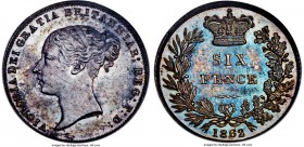 Victoria Proof 6 Pence 1862 PR62 NGC, KM733.1, S-3908, ESC-2308 (R3). Reeded edge. Deeply toned with charcoal tones on the obverse and reflective blue...