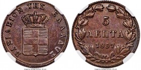 Othon 5 Lepta 1857 MS64 Brown NGC, KM32, Divo-24b. Extremely elusive in higher grades, this example ranks near the very peak of what has been seen by ...